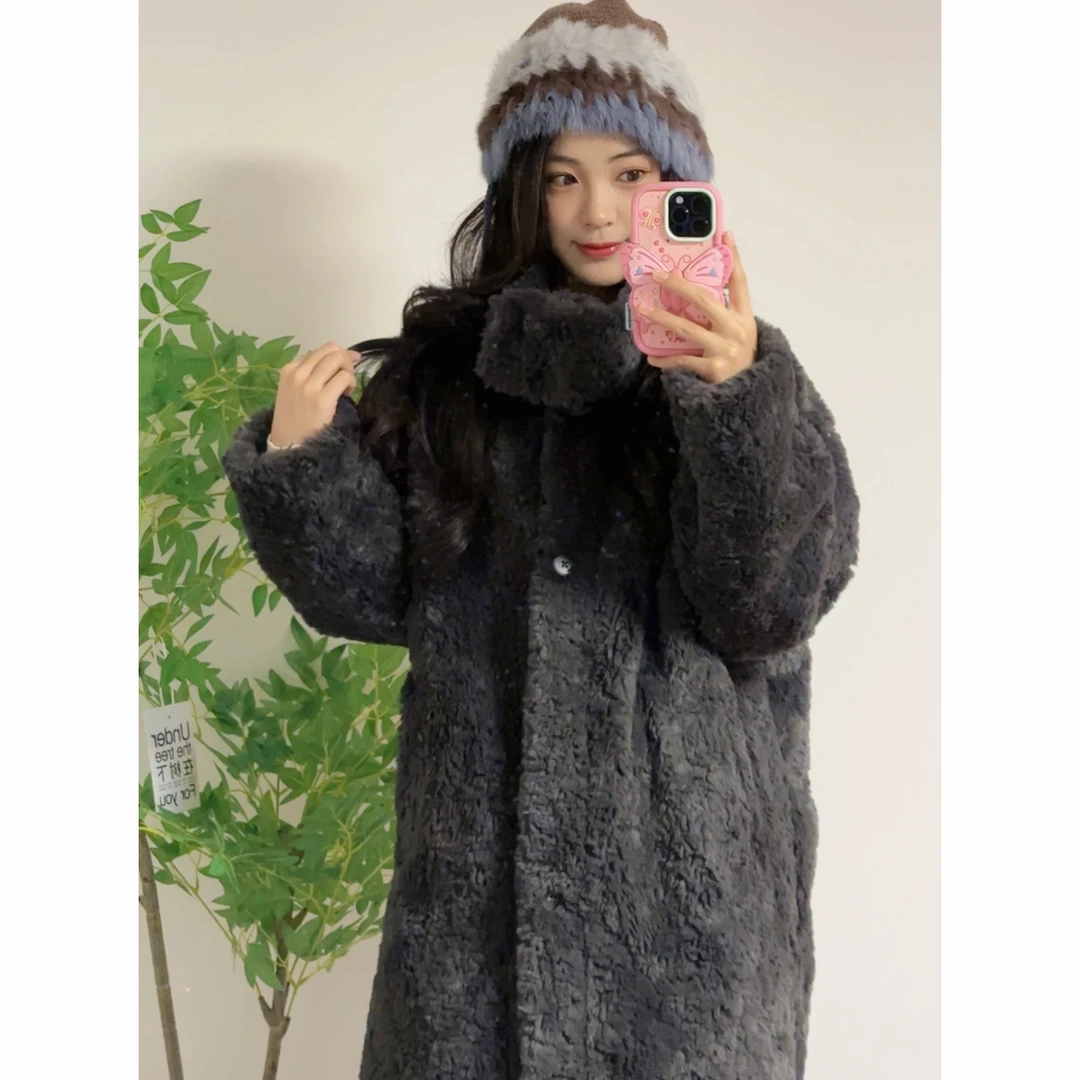 秋冬中长款时尚气质加厚保暖大外套设计师宽松皮毛一体翻领大外套