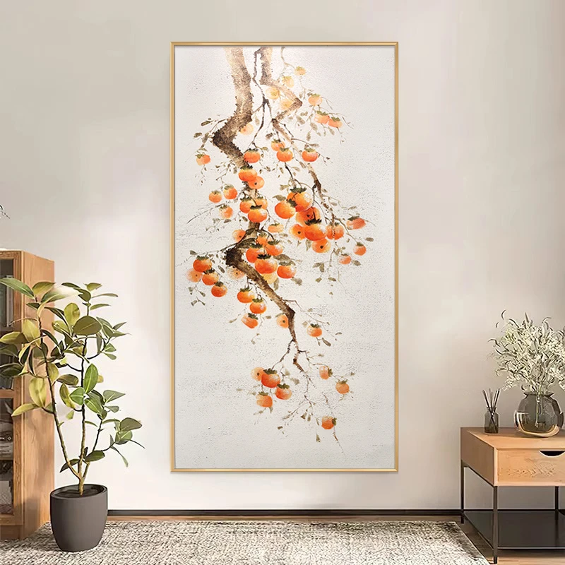 《新款-柿柿如意》手绘油画现代简约玄关挂画沙发背景墙装饰画