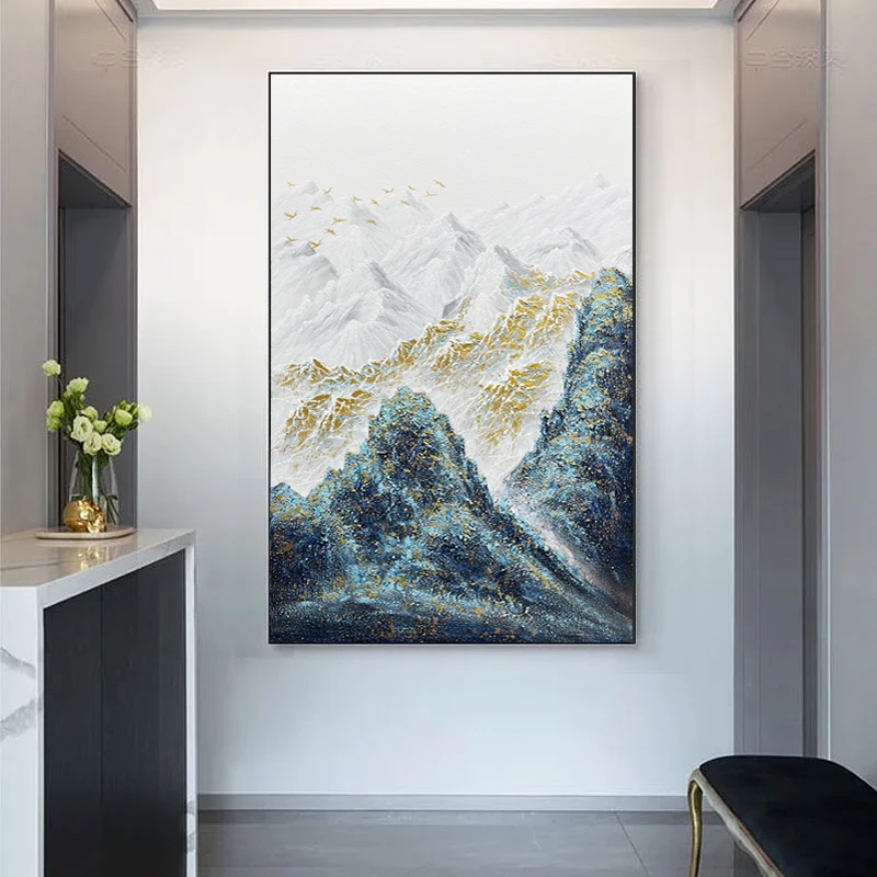 《孔雀蓝金山》纯手绘油画客厅玄关装饰画现代简约沙发背景墙挂画