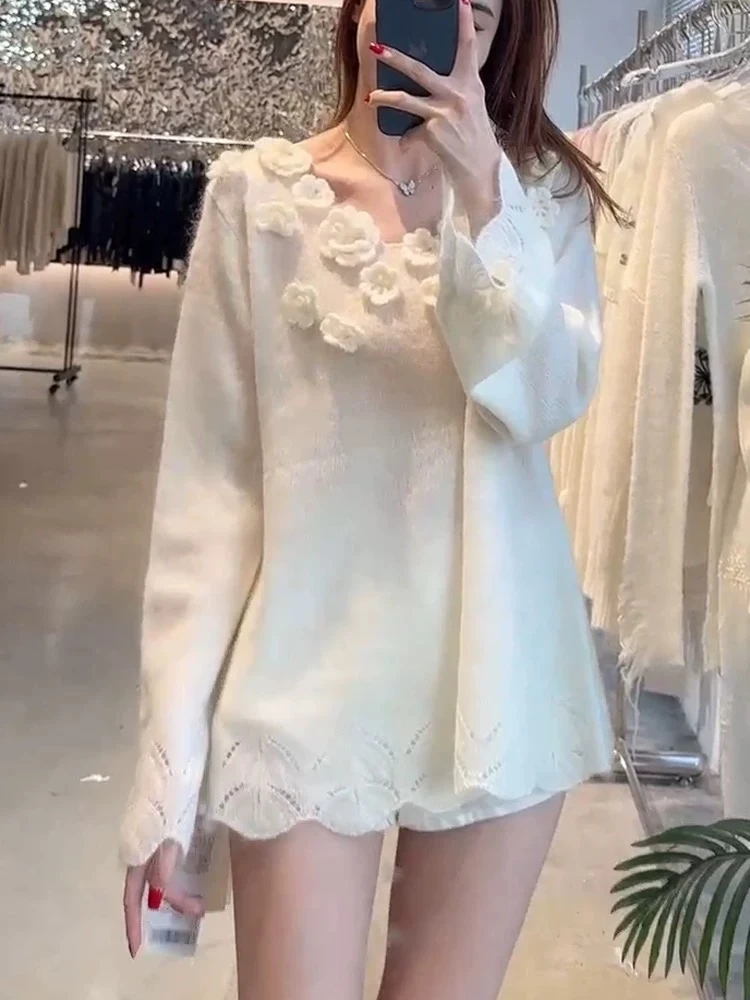 【漫天繁花】立体花朵白色镂空针织衫毛衣女早秋新款法式上衣18支花