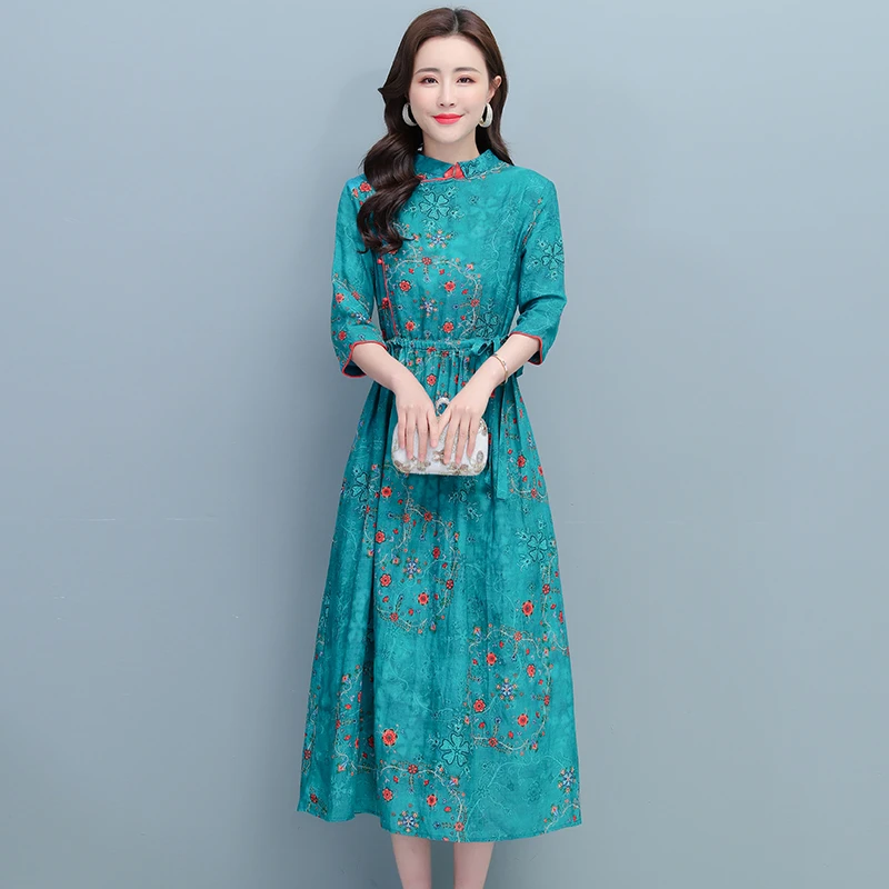 2024年秋季新款中国风碎花棉麻复古裙大码改良旗袍连衣裙女装裙子