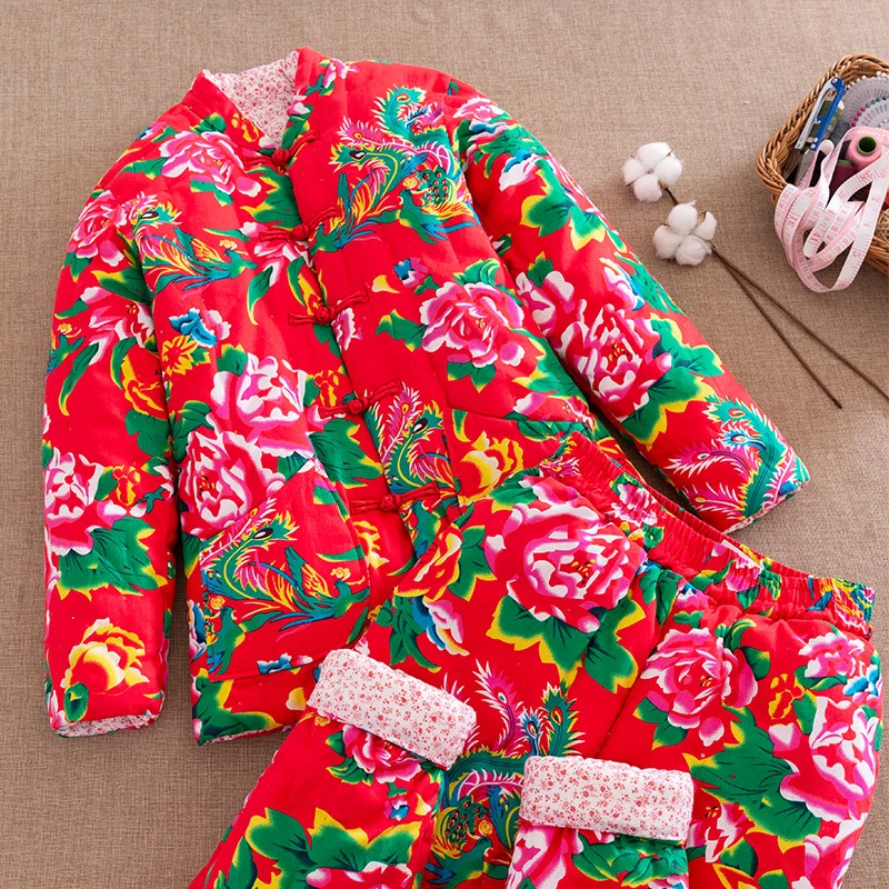 女士东北大花布棉袄棉裤套装 新中式红色拜年服 女外穿加厚棉服冬