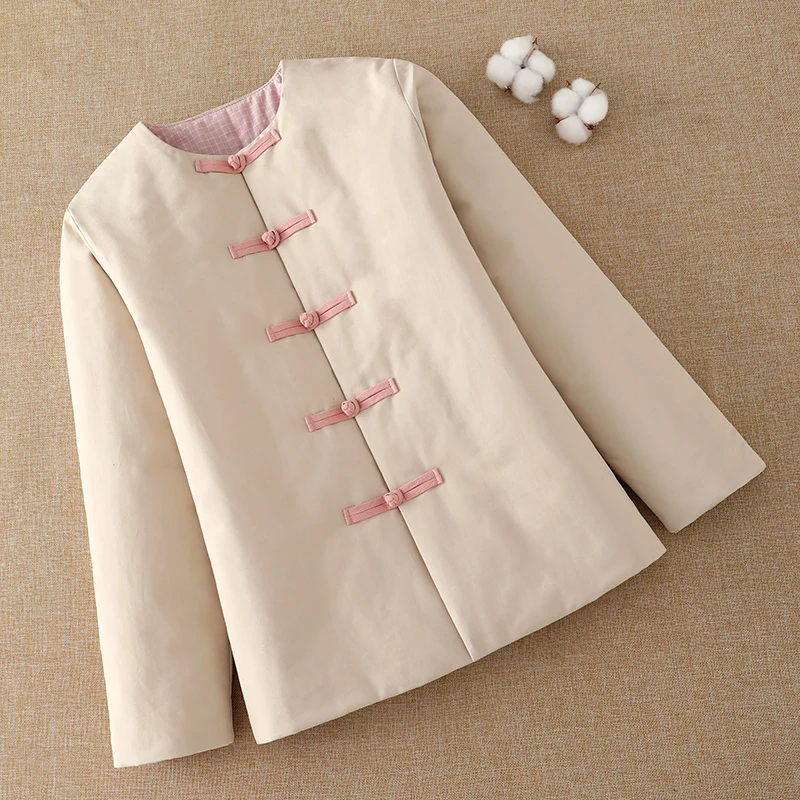纯色棉花复古盘扣棉袄 国风修身对襟棉衣 中式贴身保暖棉服女冬
