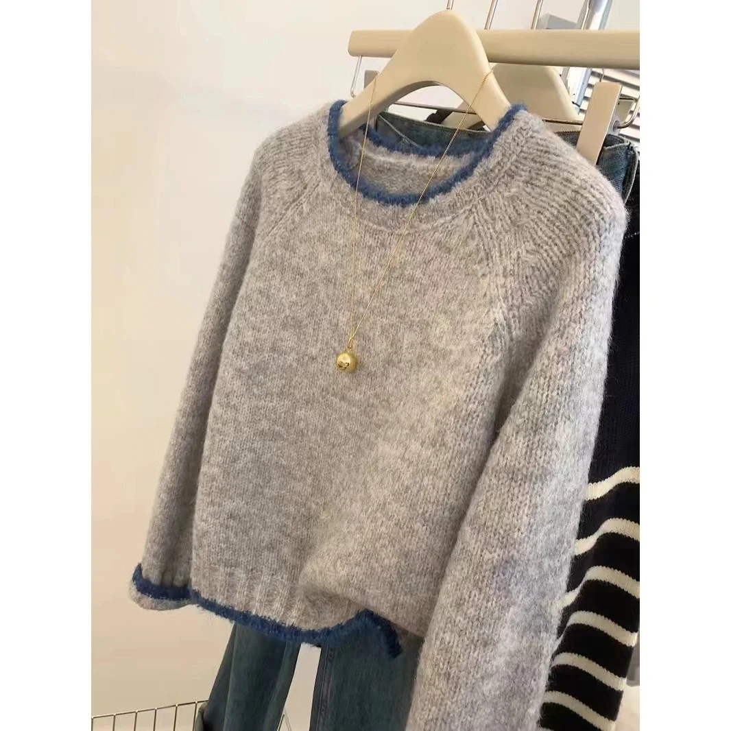 慵懒风灰色套头针织衫女装秋冬小个子内搭打底衫毛衣高档洋气上衣