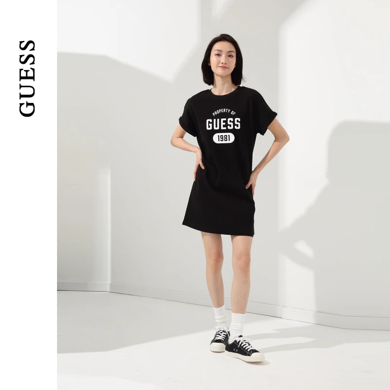 GUESS 女士纯色简约直筒印花卷袖连衣裙-W4PK1MK2Q40