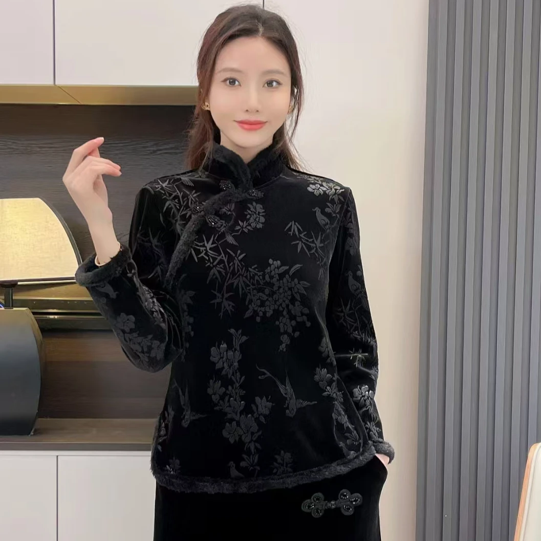 2024秋冬新款中国风盘扣加绒打底衫上衣复古洋气时尚显瘦气质小衫