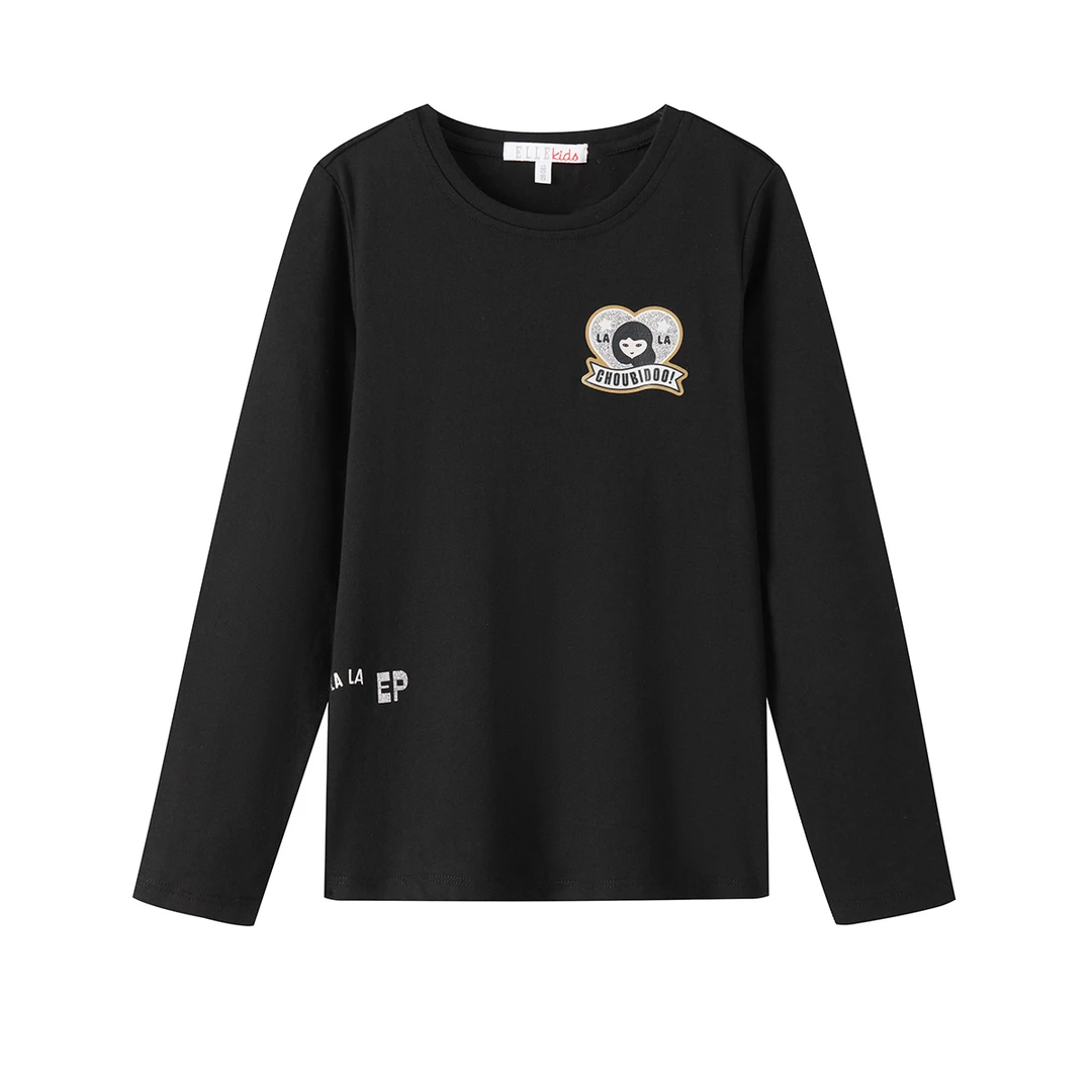 秋季女童休闲长袖T恤中大童百搭圆领T恤黑色长袖上衣时尚印花
