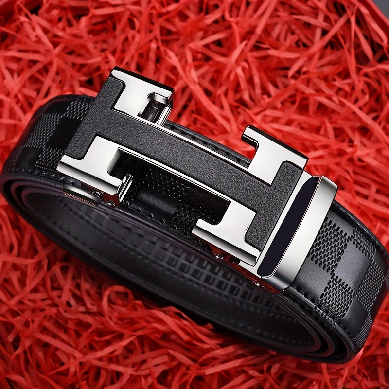 H扣皮带男休闲时尚百搭年轻人格纹自动扣裤腰带休闲商务男士裤带
