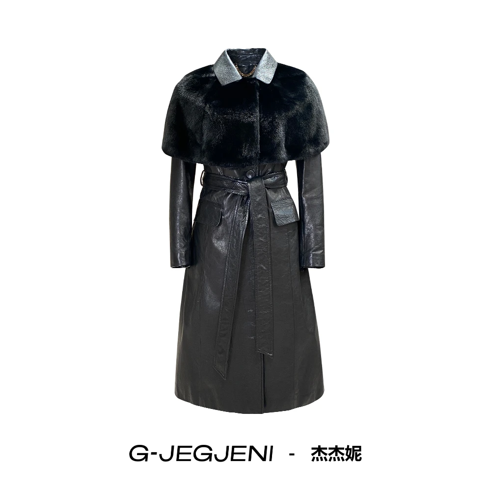 G-JEGJENI《23127》水貂披肩可脱小羊皮风衣轻奢时尚优雅长款皮衣