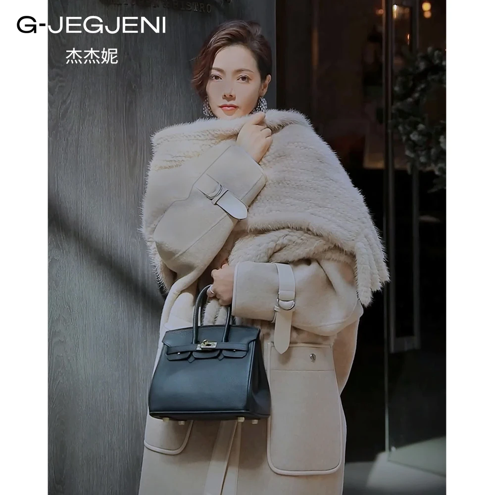 G-JEGJENI《22156-1》设计款女装中长款双面羊毛大衣宽松水貂外套