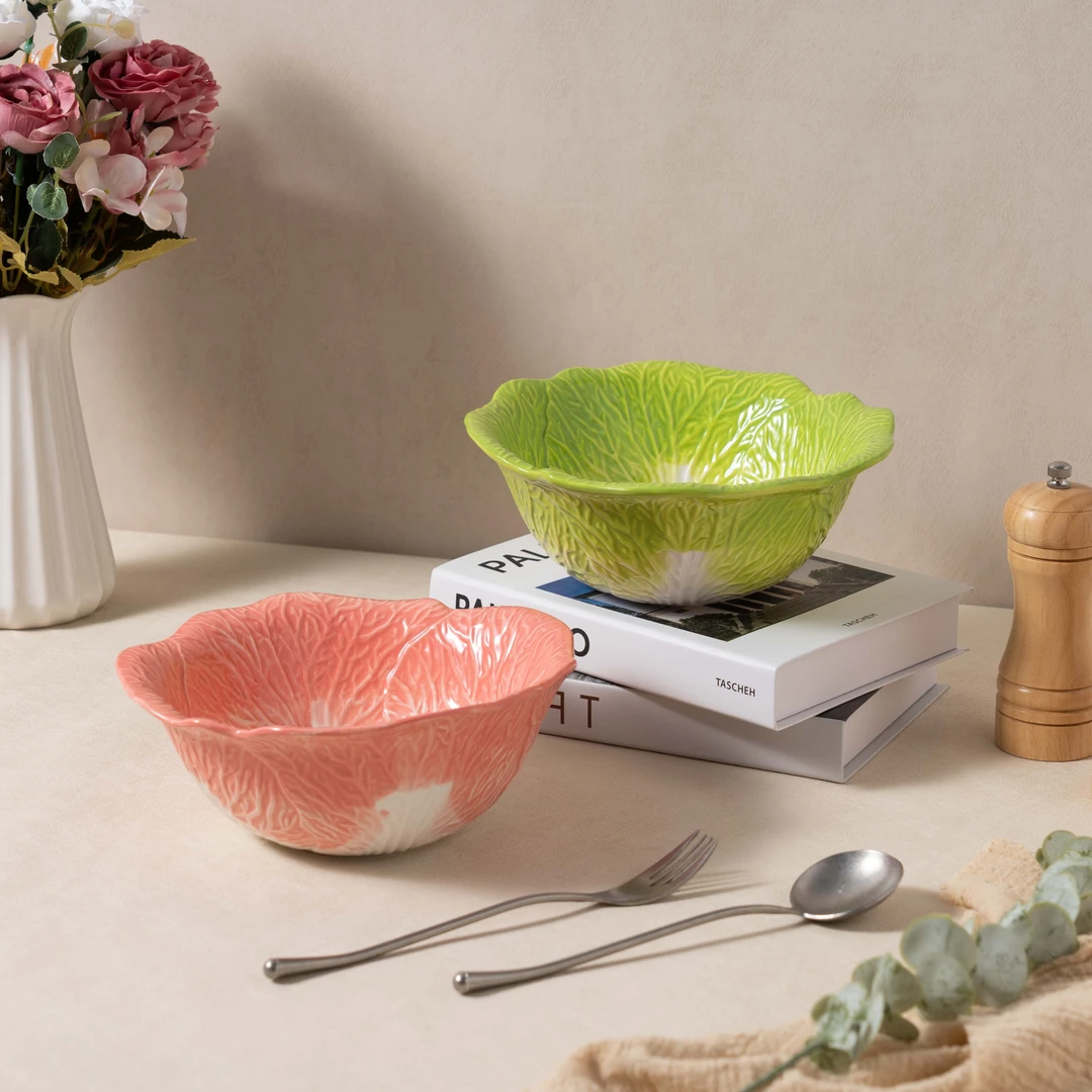 【泡芙专属】西里西亚手绘白菜（绿粉）-8英寸汤碗两个装