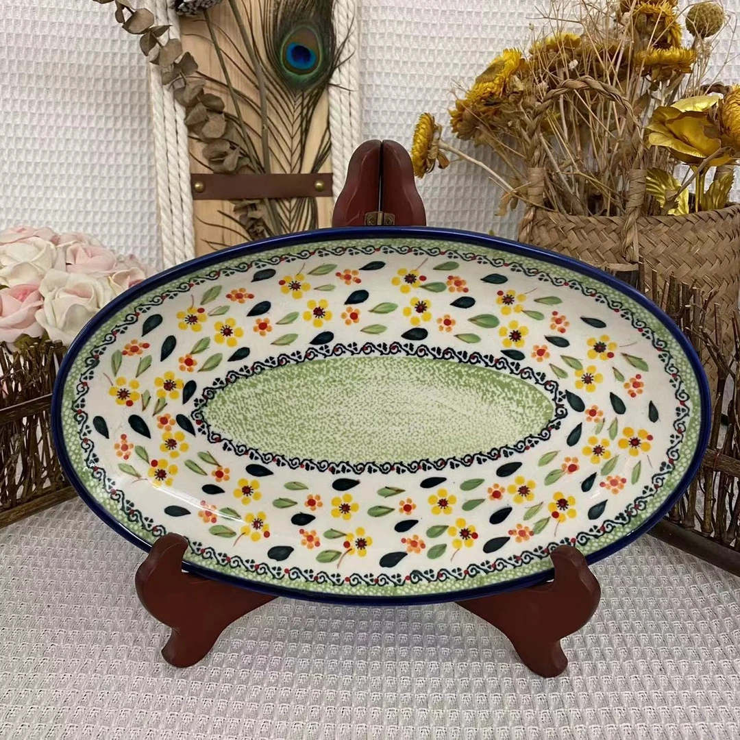 【SILESIA/出口原单】手绘绿叶黄花-11英寸椭圆鱼盘