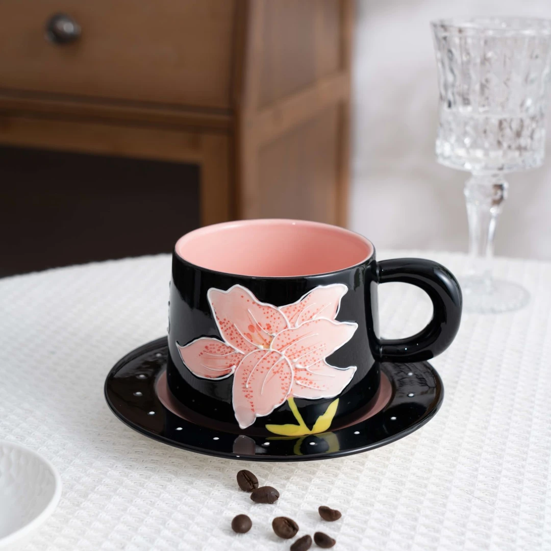 【SILESIA/出口原单】百合花-堆颜堆料大耳咖啡杯碟（黑）
