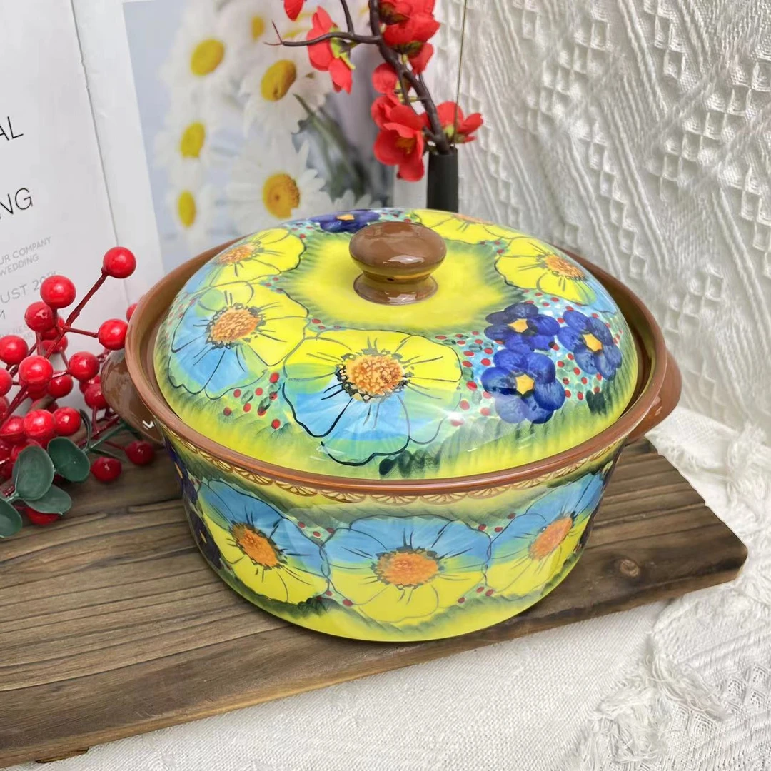 【泡芙专属】西里西亚手绘琉璃黄彩-10.5寸带盖汤锅