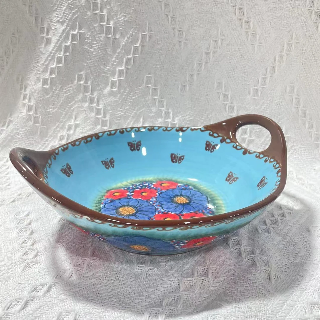 【SILESIA/出口原单】手绘琉璃蓝彩-9.5英寸双耳提柄沙拉碗