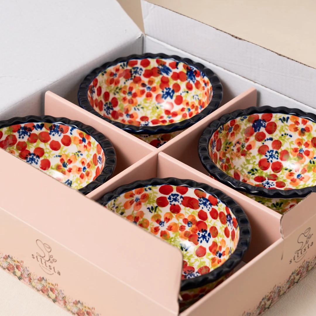 【SILESIA/出口原单】手绘碧丝粉黛-5英寸波浪花边碗四个装带礼盒