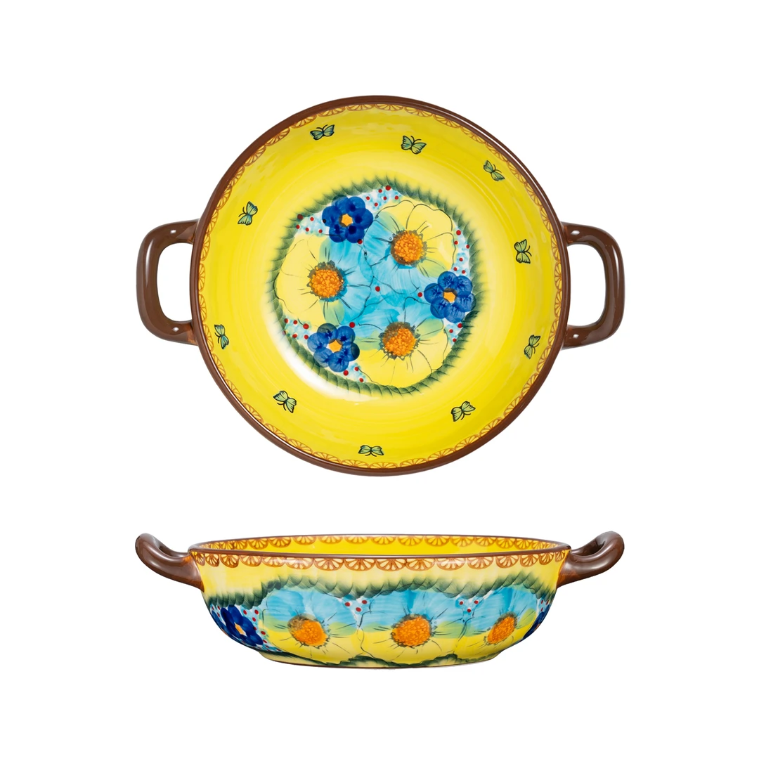 【SILESIA/出口原单】手绘琉璃黄彩-12英寸双耳大汤碗配中白勺