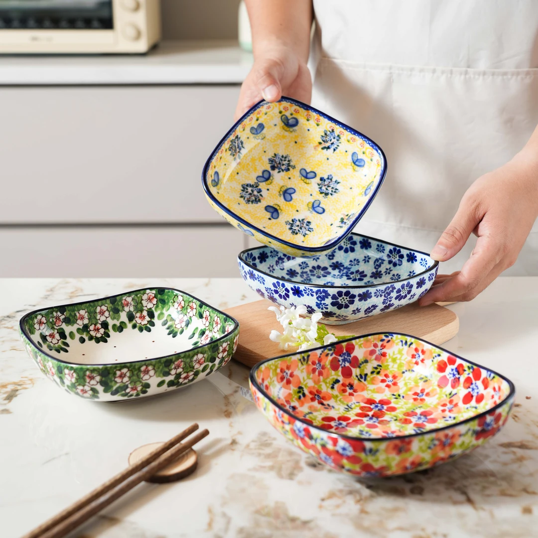 【SILESIA/出口原单】手绘四季花开-5.8英寸四方深碟