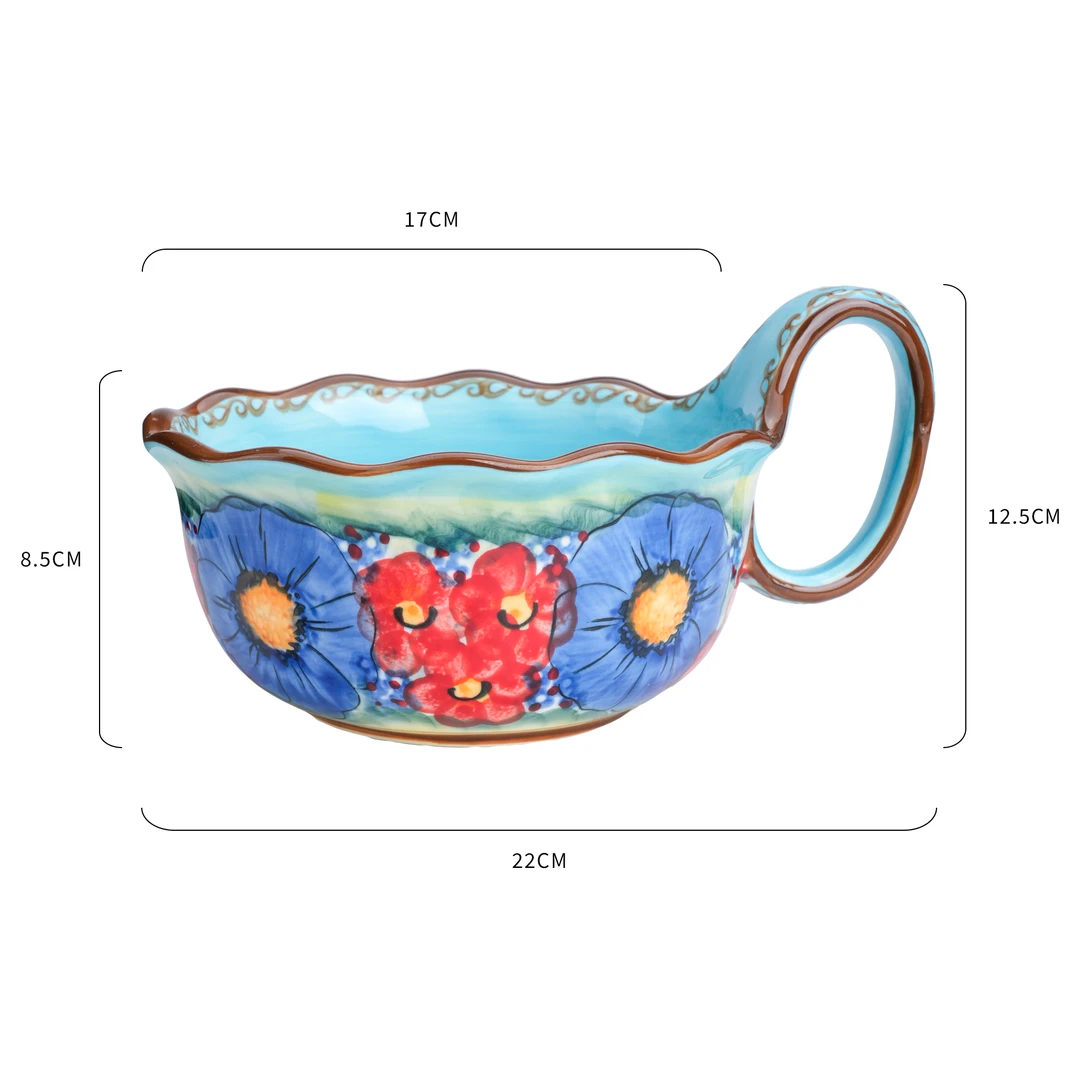 【SILESIA/出口原单】手绘琉璃蓝彩-9英寸花边曲把碗