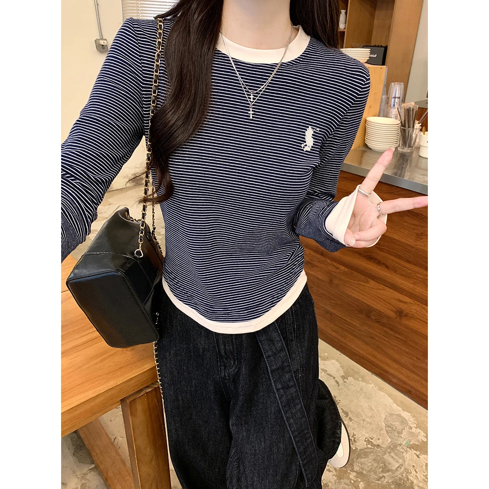 【95棉】条纹正肩长袖t恤女秋季2024新款修身假两件上衣内搭打底衫