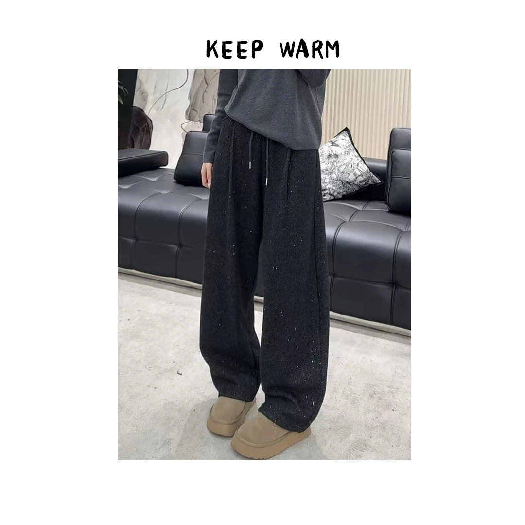 2024冬季加厚加绒款女装抽绳阔腿休闲裤梨形身材显瘦弯刀拖地长裤
