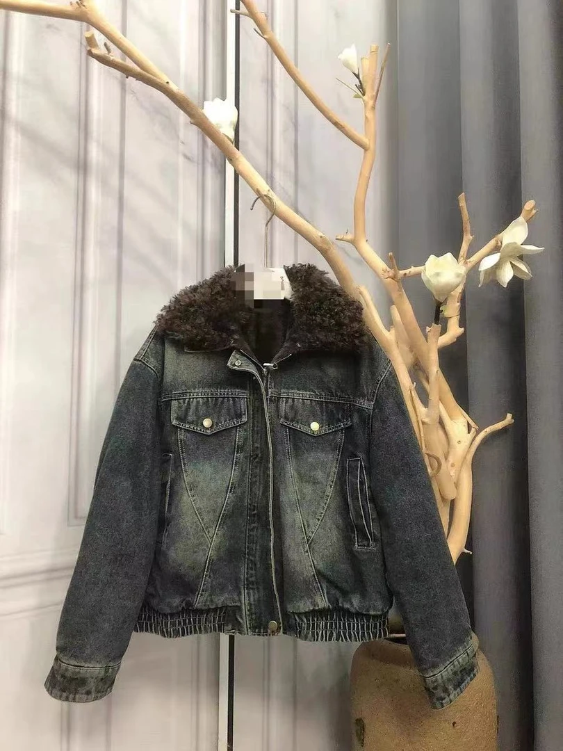 娜娜家冬季新款时尚保暖加绒加厚牛仔外套7668