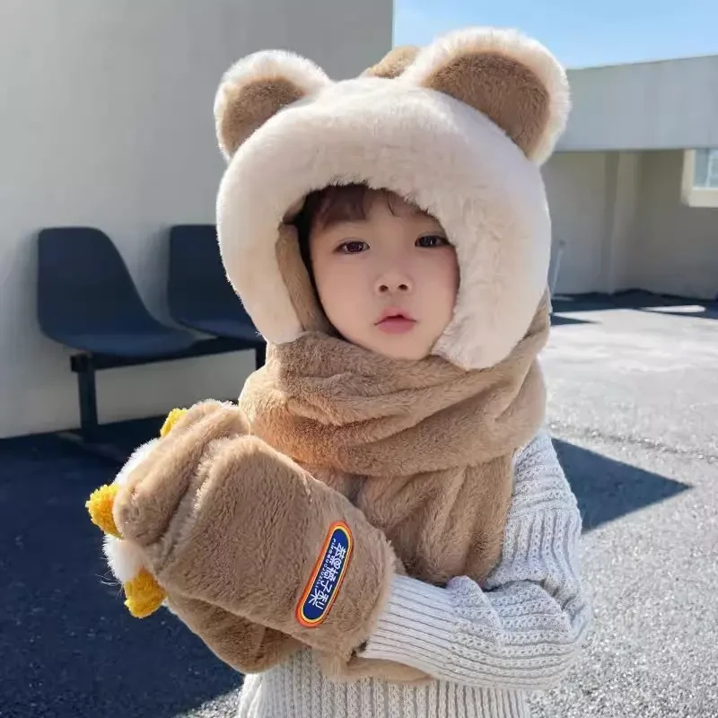 儿童帽子围巾一体帽冬季男女童毛绒加厚卡通可爱三件套防风护耳帽