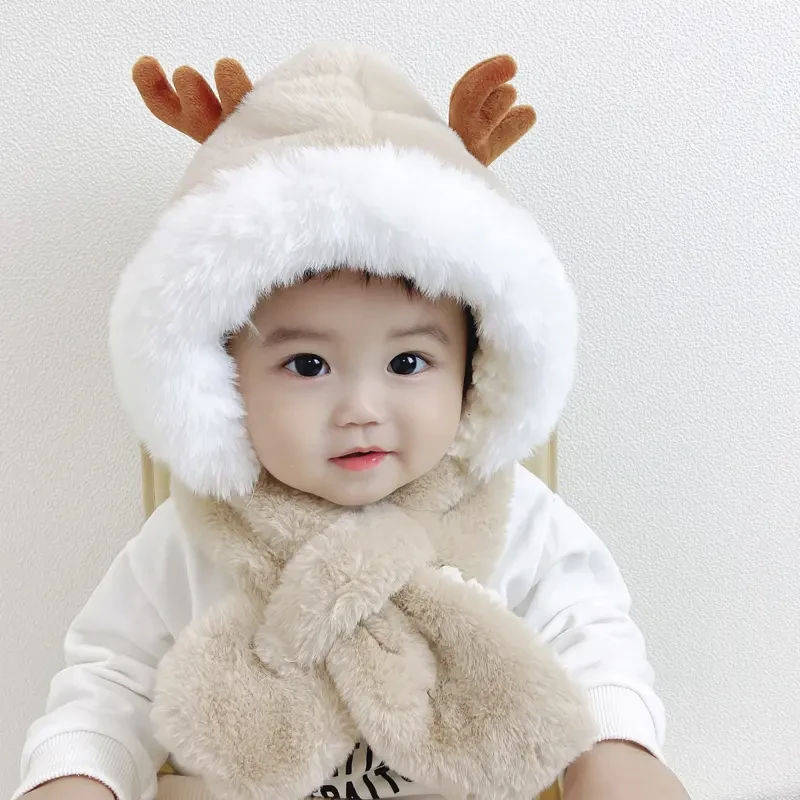 宝宝帽子冬季儿童加绒围巾一体帽保暖防寒男女童亲子骑车护耳小鹿