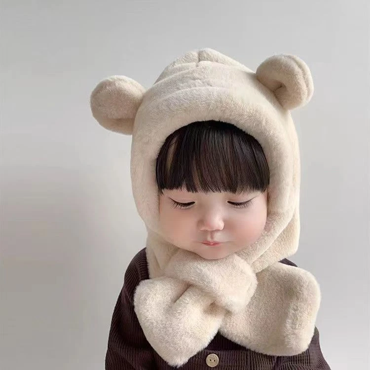 幼儿帽子儿童围巾一体冬季男女童卡通可爱宝宝小熊耳朵防风加厚