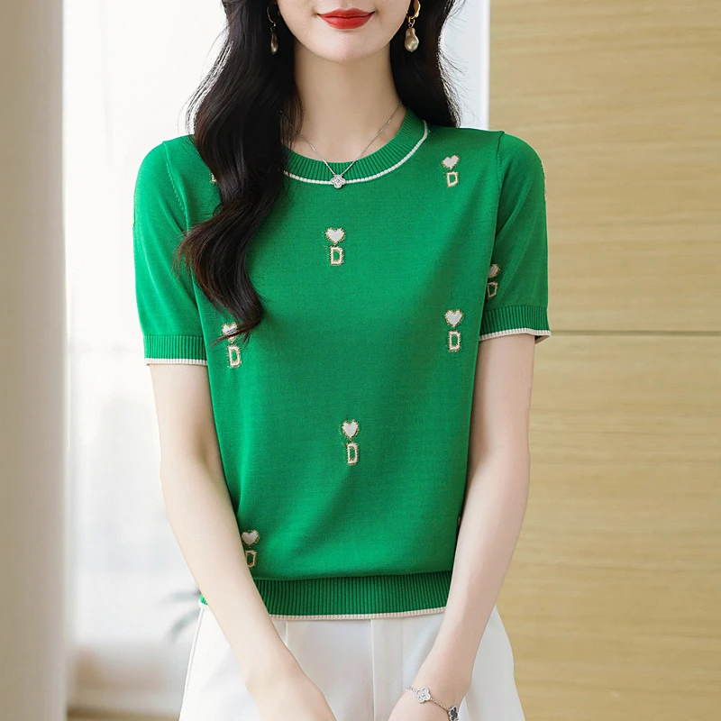 薄款圆领高档上衣洋气2024夏季新款百搭显瘦女短袖针织衫濮院毛衫