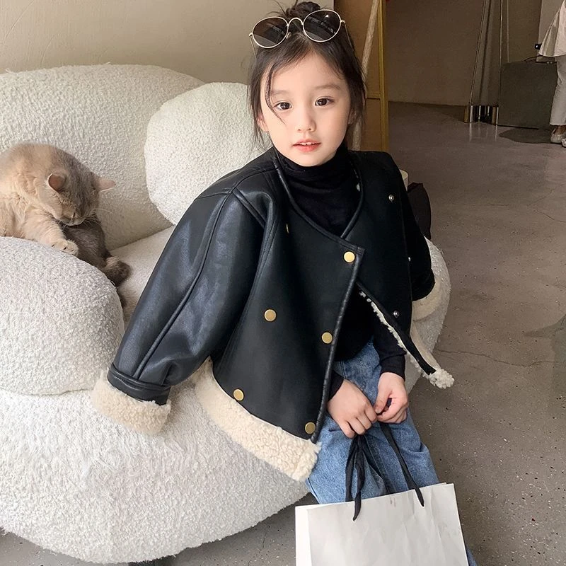 新品巴拉巴拉女童皮衣外套冬季加绒加厚羊羔绒儿童机车夹克宝宝双