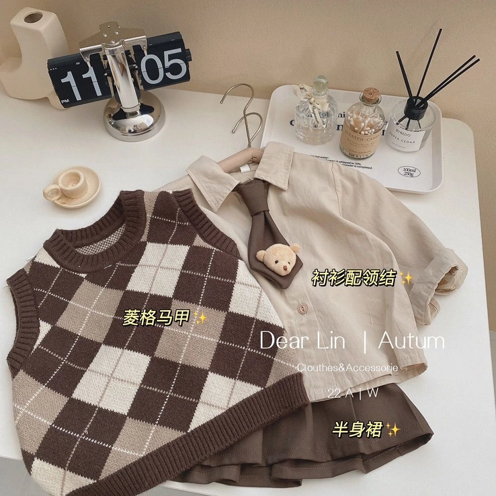 新品巴拉巴拉童装女童学院风套装春秋款中小儿童洋气马甲三件套宝