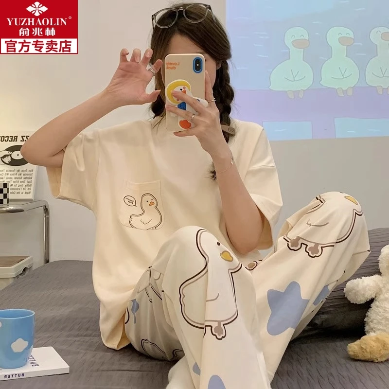 纯棉睡衣女夏季短袖长裤2024新款韩版甜美可爱学生薄款夏天家居服