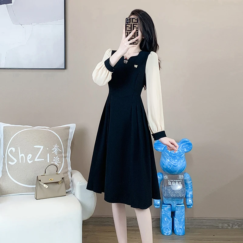 奢姿大码女装2025春季新款胖妹妹时尚V领拼接连衣裙