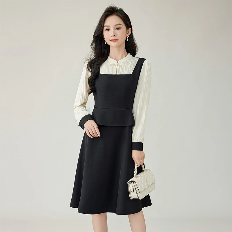 奢姿大码女装2025秋季立领气质裙子胖妹妹拼接假两件时尚连衣裙