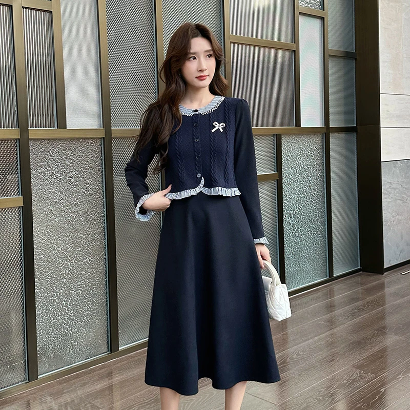 奢姿大码女装2025春季假两件针织时尚连衣裙胖妹妹气质小立领裙子