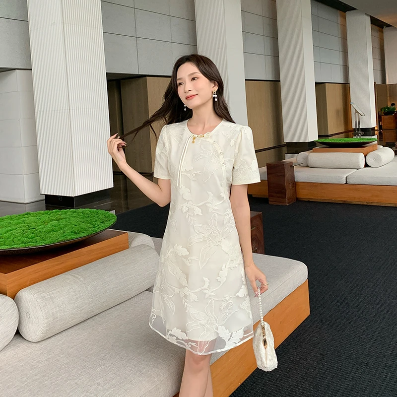 [奢姿轻奢系列]大码女装2025夏季改良旗袍胖妹妹时尚提花连衣裙