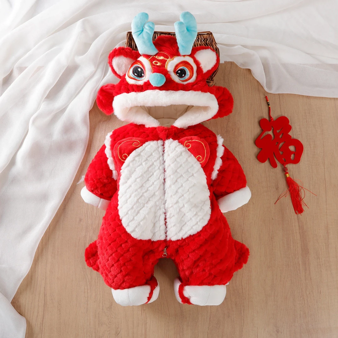 婴儿冬季连体衣加绒加厚毛毛衣宝宝超萌红色喜庆新年外穿爬服新款
