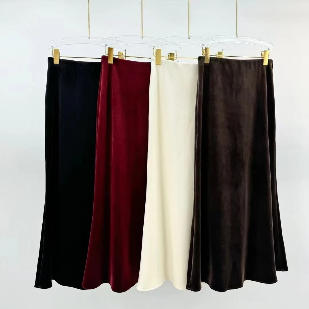 南油冬季气质新款加厚丝绒显瘦鱼尾包臀时尚松紧腰长款白色裙子