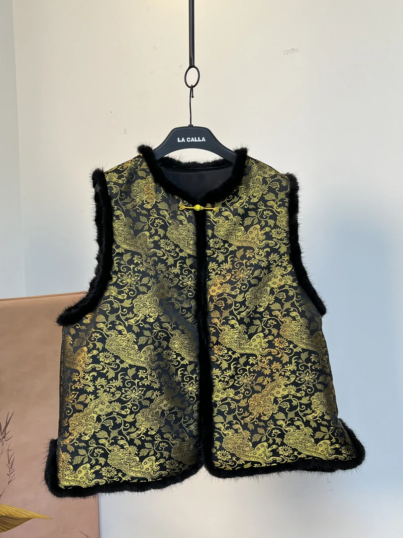 大码桑蚕丝织金宋锦马甲拼水貂毛「黑金麒麟」