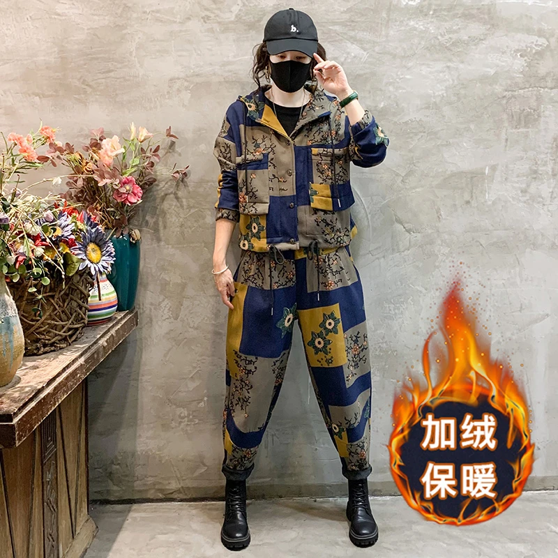 秋冬加绒连帽时尚运动休闲套装大码韩版印花春秋亚麻开衫两件套女