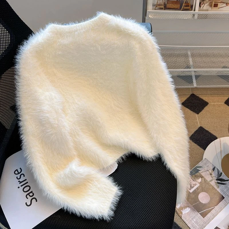 奶fufu的仿水貂绒毛衣女秋冬软糯长袖套头针织衫宽松短款内搭上衣