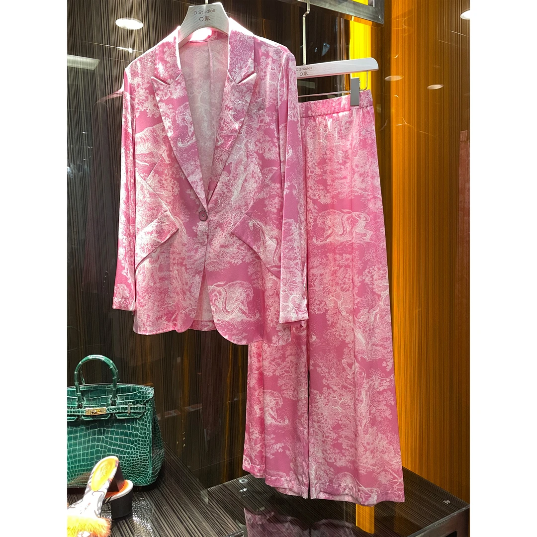 【经典丛林套装】 真丝印花套装樱花粉色西装西服时尚外套