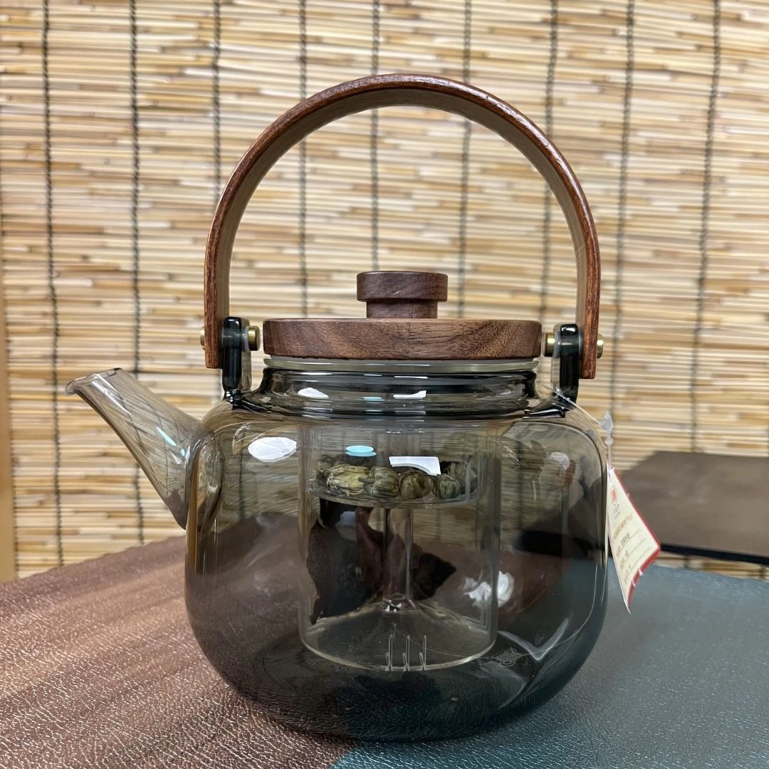 加厚家用圣裔堂胡桃木盖烟灰色四代耐热高硼硅玻璃提梁壶900ml
