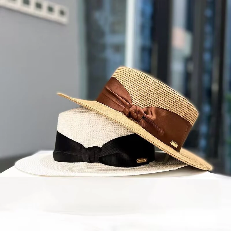 夏季新款时尚草编蝴蝶结平顶草帽子女春夏季法式优雅百搭遮阳礼帽