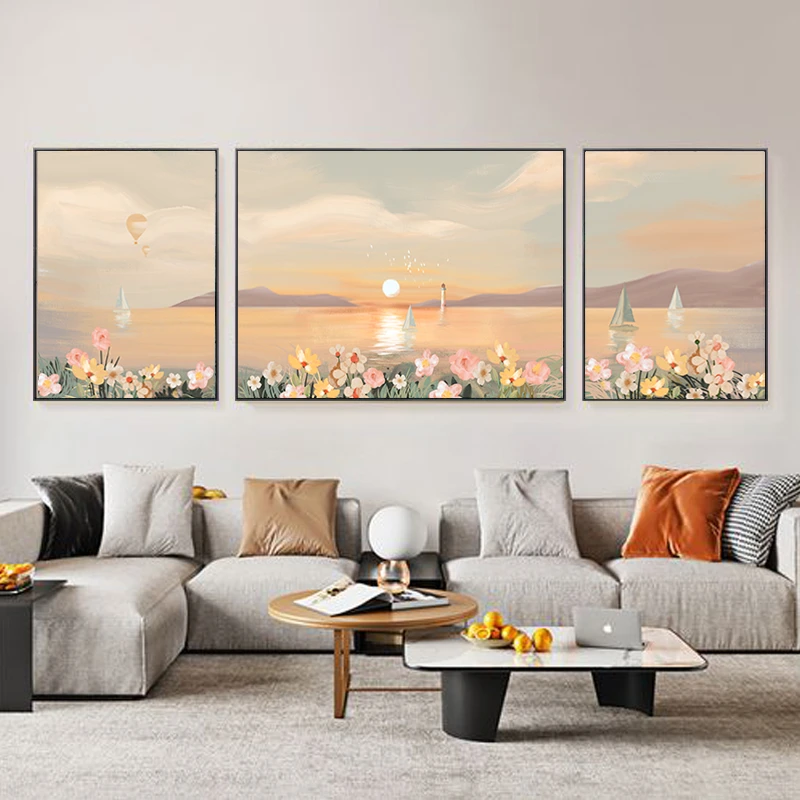 优品【花海涟漪】现代客厅装饰画家居挂画沙发背墙砂岩三联画