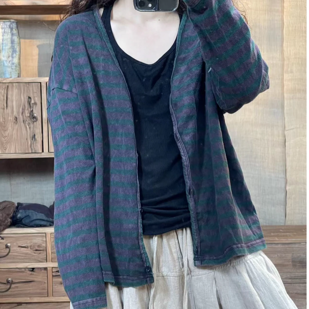 [四月阳光]秋季棉料炒色做旧条纹百搭休闲开衫(长58胸围120)