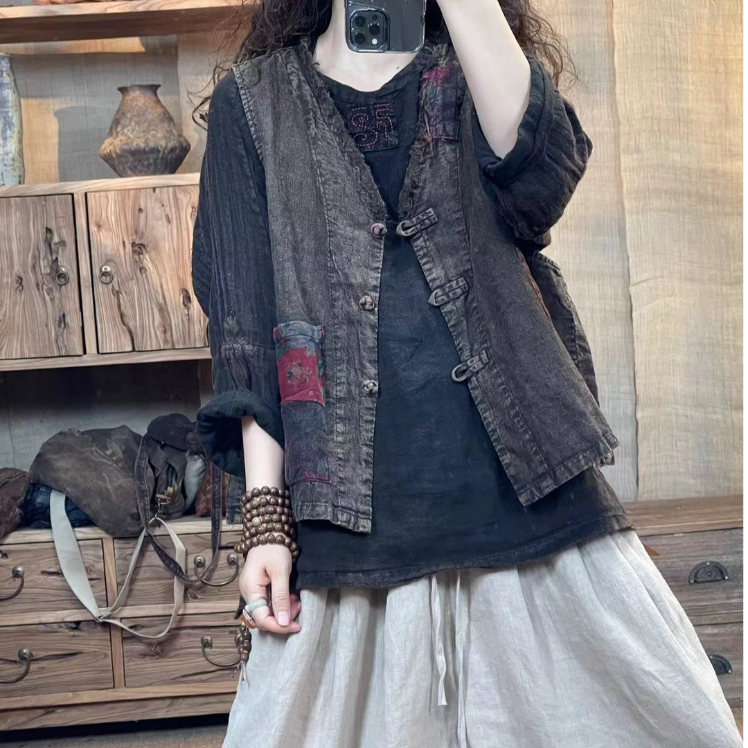 [四月阳光]秋季亚麻炒色做旧毛边复古盘扣休闲马夹(长58胸围120)