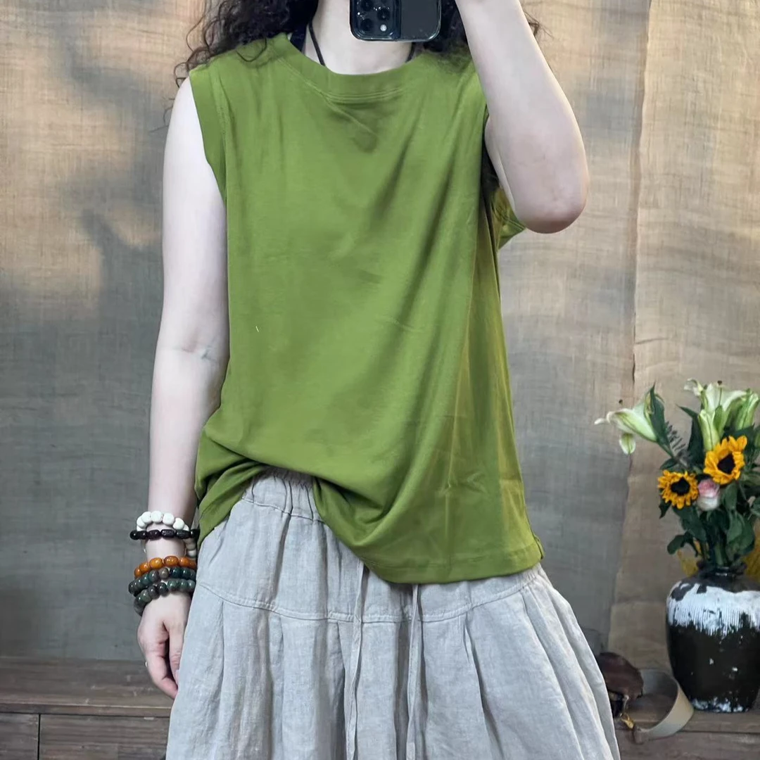 [四月阳光]夏季水洗休闲百搭纯色无袖圆领T恤(长62胸围108)