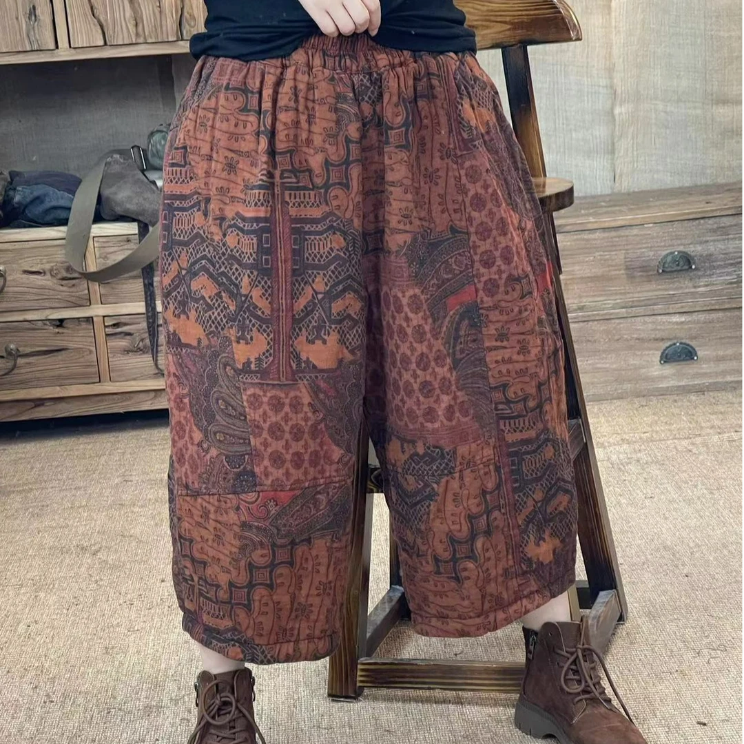 [四月阳光]冬季棉麻夹薄棉炒色印花休闲棉裤(长72臀围142)